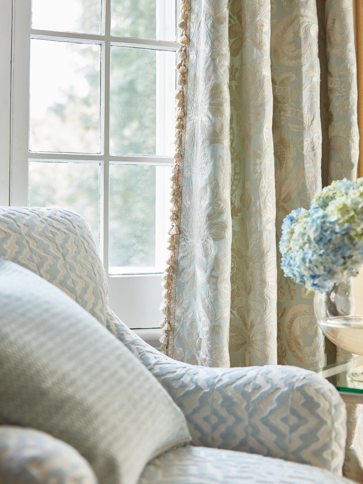Scalamandre SC 000227086 AQUAMARINE ELIZABETH DAMASK EMBROIDERY Fabric - Eade's Wallpaper