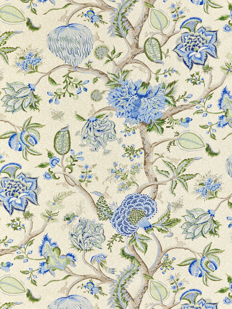 Scalamandre SC 000316430 BLUE, GREEN ON CREAM PONDICHERRY COTTON PRINT Fabric - Eade's Wallpaper