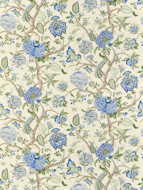 Scalamandre SC 000316430 BLUE, GREEN ON CREAM PONDICHERRY COTTON PRINT Fabric - Eade's Wallpaper