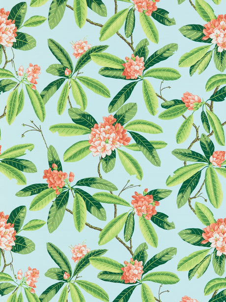 Scalamandre SC 000316454M CORAL ON AQUA RHODODENDRON - OUTDOOR Fabric - Eade's Wallpaper