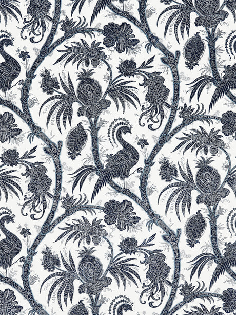Scalamandre SC 000516575 INDIGO BALINESE PEACOCK LINEN PRINT Fabric - Eade's Wallpaper