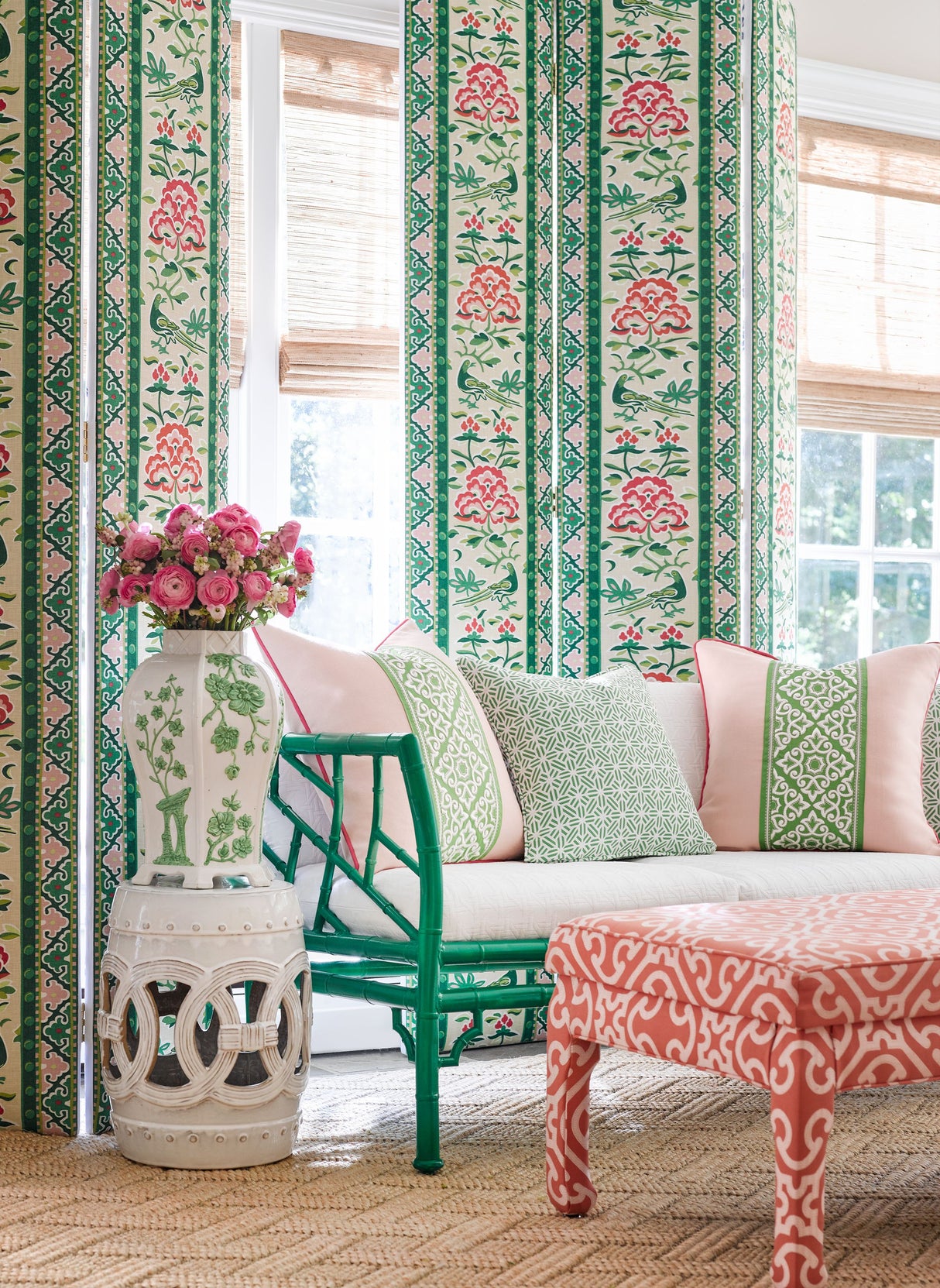 Scalamandre SC 000216613 SPRING GREEN ROYAL PEONY LINEN PRINT Fabric - Eade's Wallpaper