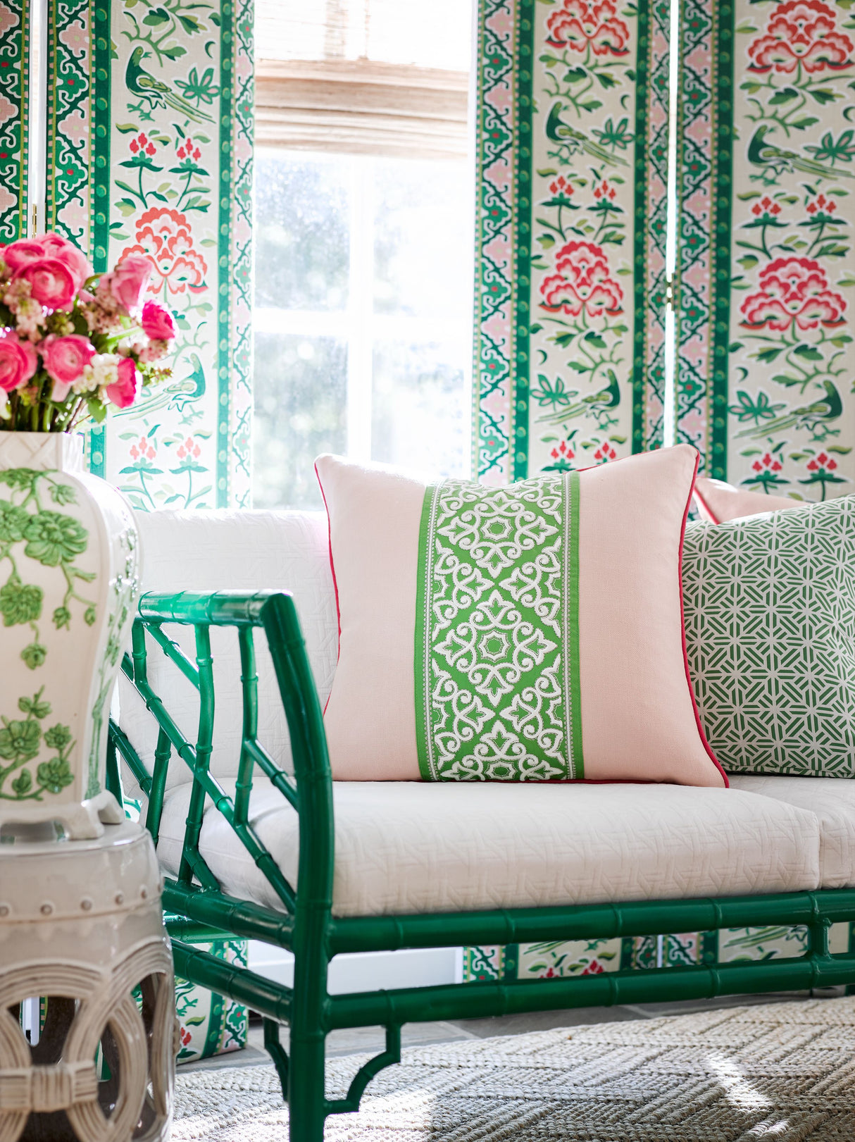 Scalamandre SC 000216613 SPRING GREEN ROYAL PEONY LINEN PRINT Fabric - Eade's Wallpaper