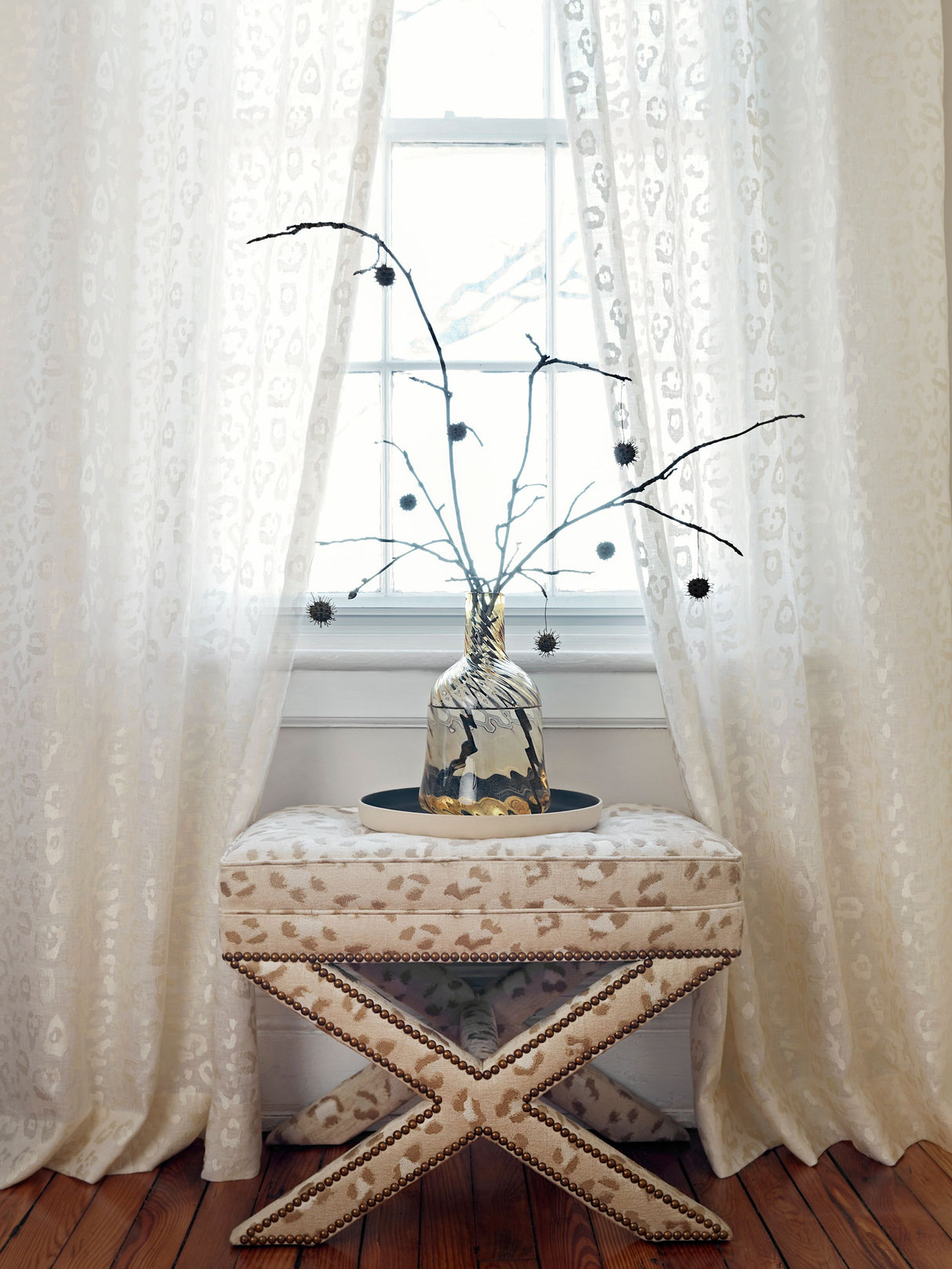 Scalamandre SC 000327075 EBONY ON SILVER BRODERIE LEOPARD Fabric - Eade's Wallpaper