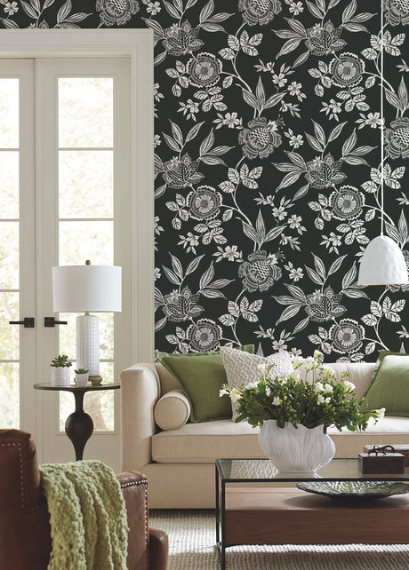 York SS2557 Wood Cut Jacobean Black & White Wallpaper