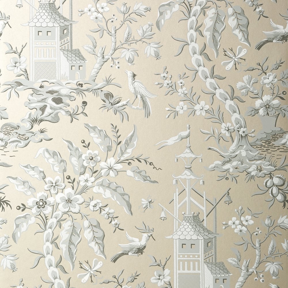 Thibaut T14209 PAGODA GARDEN Metallic Pewter Wallpaper