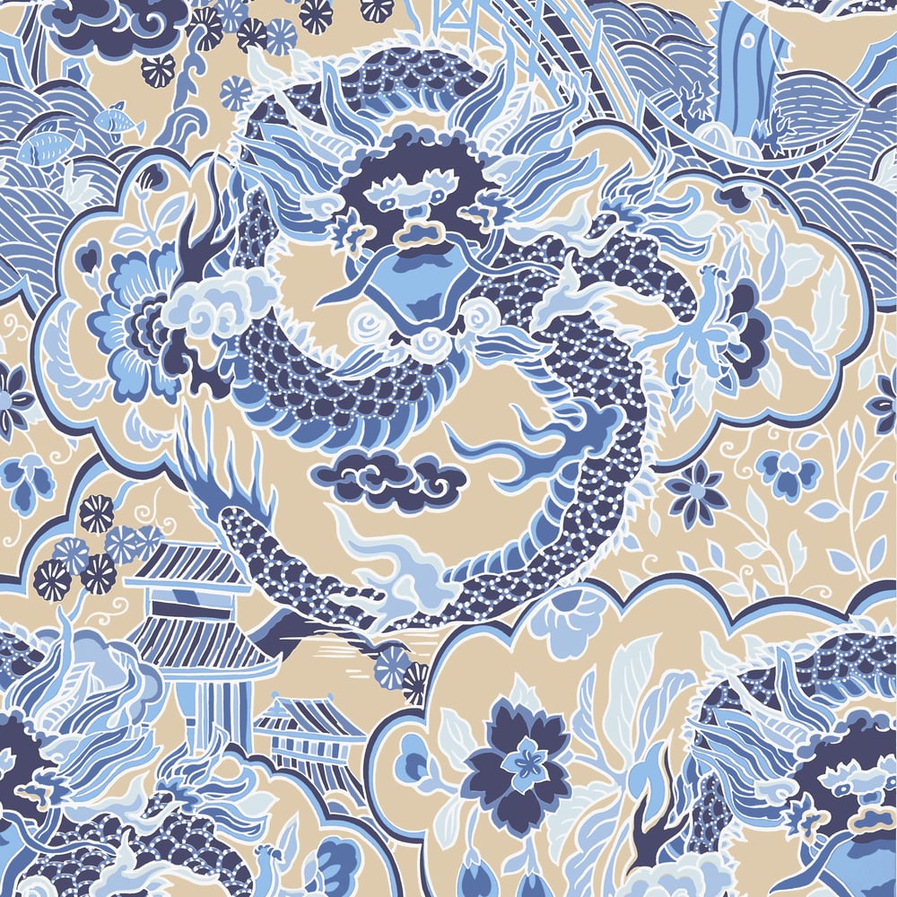 Thibaut T14236 IMPERIAL DRAGON Blue and Tan Wallpaper