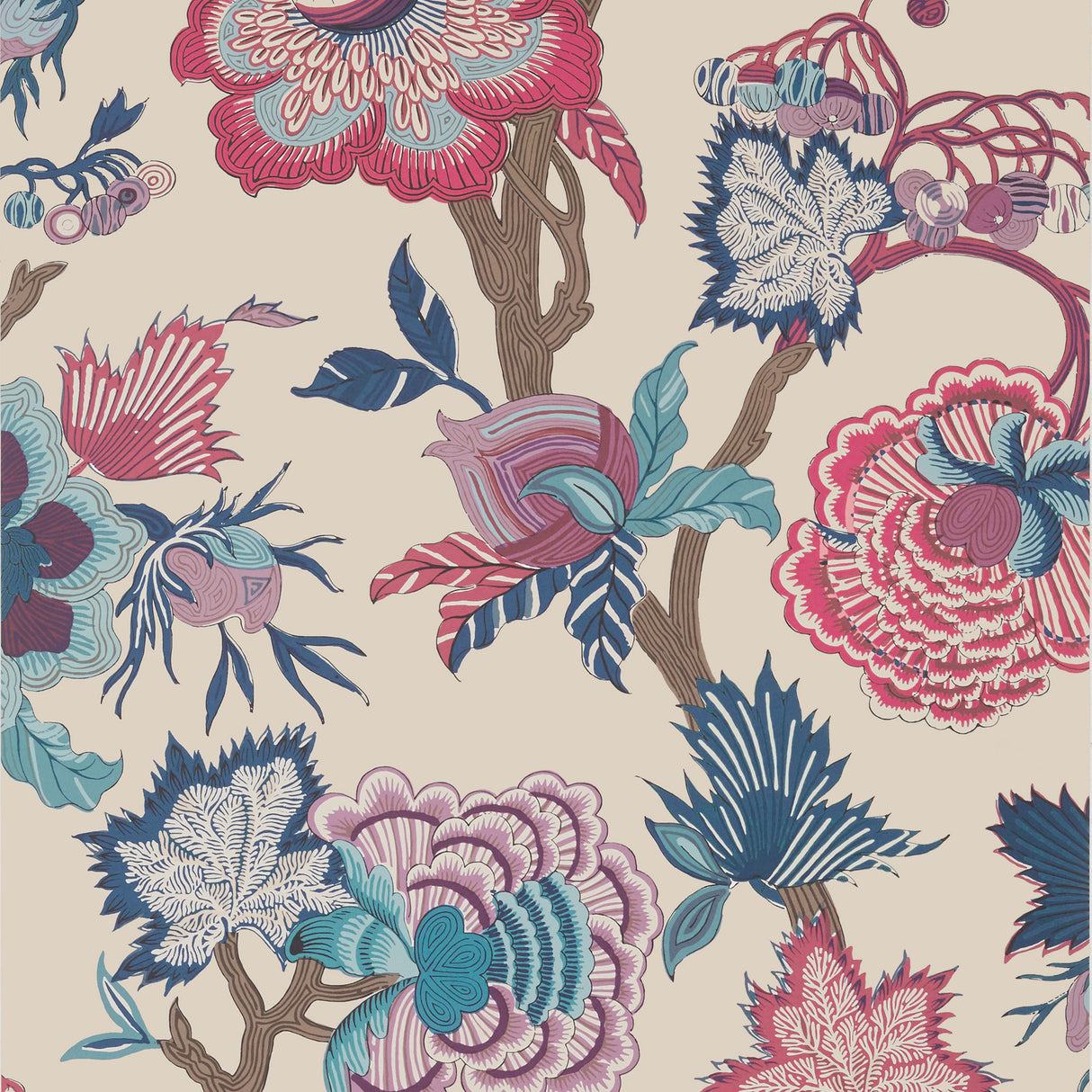 Thibaut T36419 INDIENNE JACOBEAN Raspberry and Blue on Natural