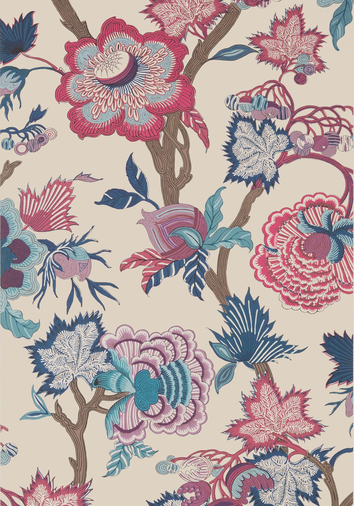 Thibaut T36419 INDIENNE JACOBEAN Raspberry and Blue on Natural Wallpaper