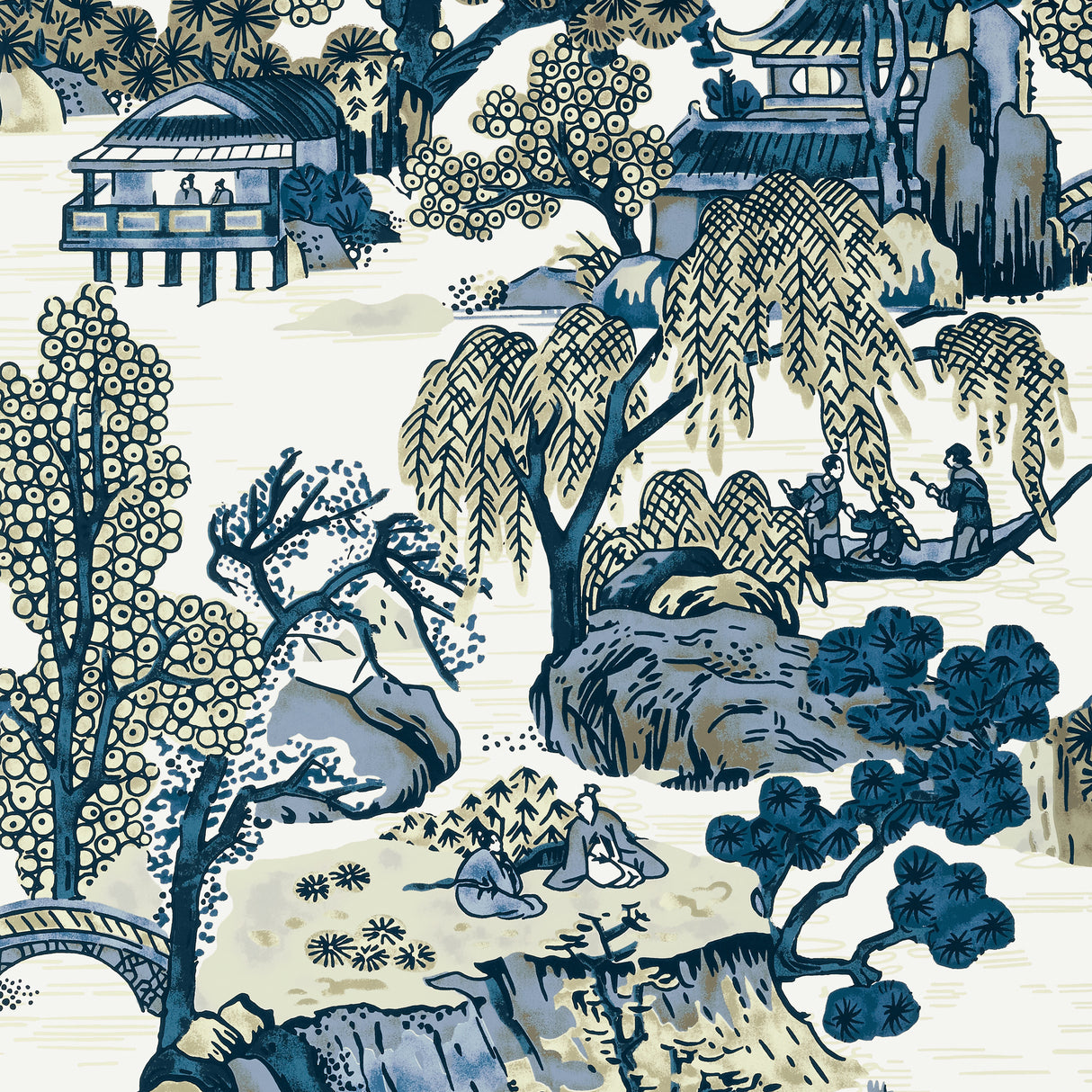 Thibaut T75461 ASIAN SCENIC Blue and Beige Wallpaper