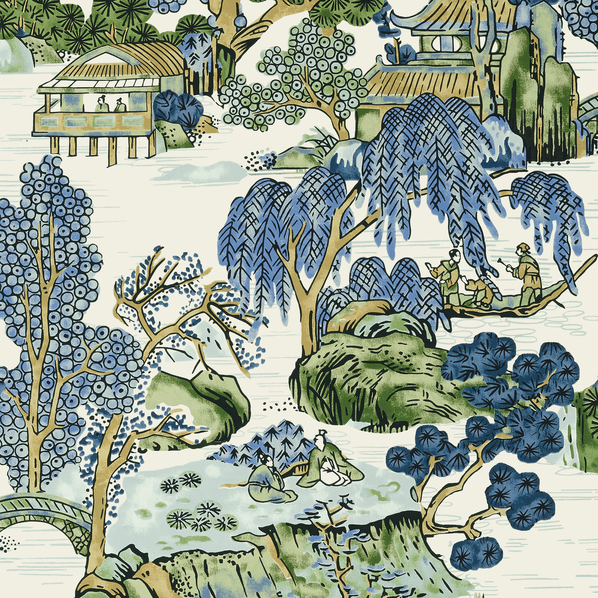 Thibaut T75462 ASIAN SCENIC Blue and Green Wallpaper