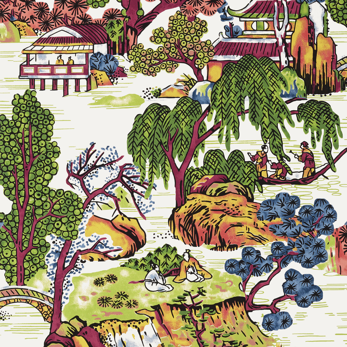 Thibaut T75464 ASIAN SCENIC Coral and Green Wallpaper