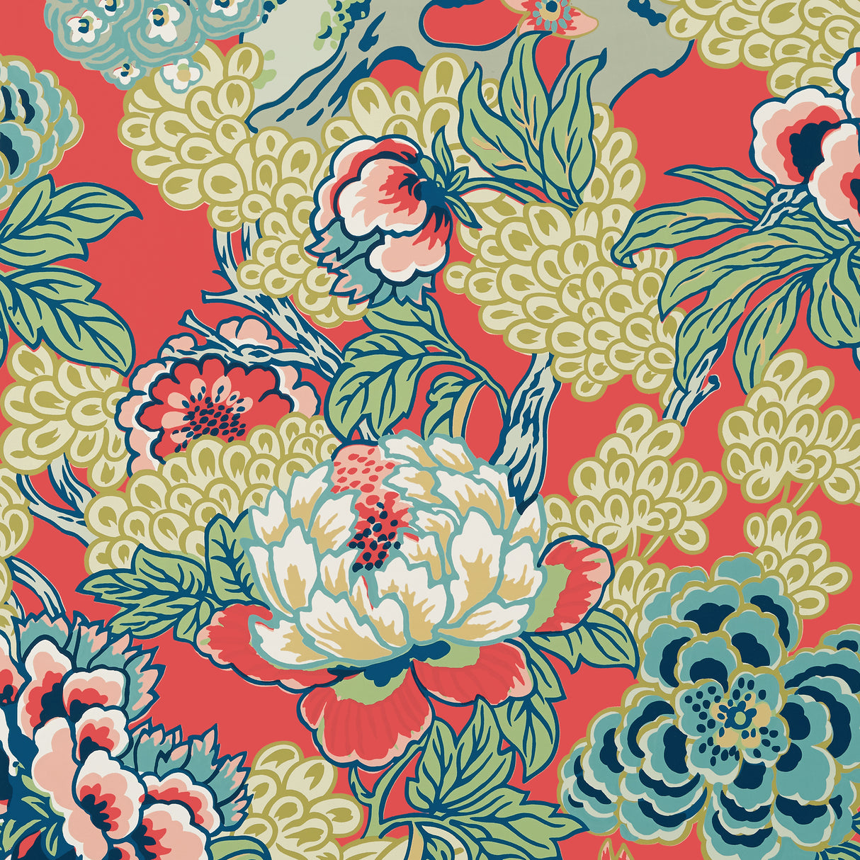 Thibaut T75490 HONSHU Coral and Green Wallpaper