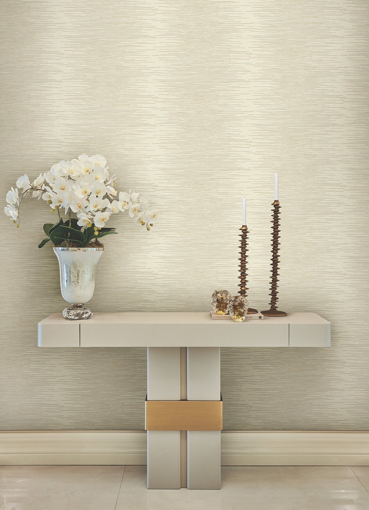 Ronald Redding VR1501 Operetta Cream Metallic Columns Wallpaper