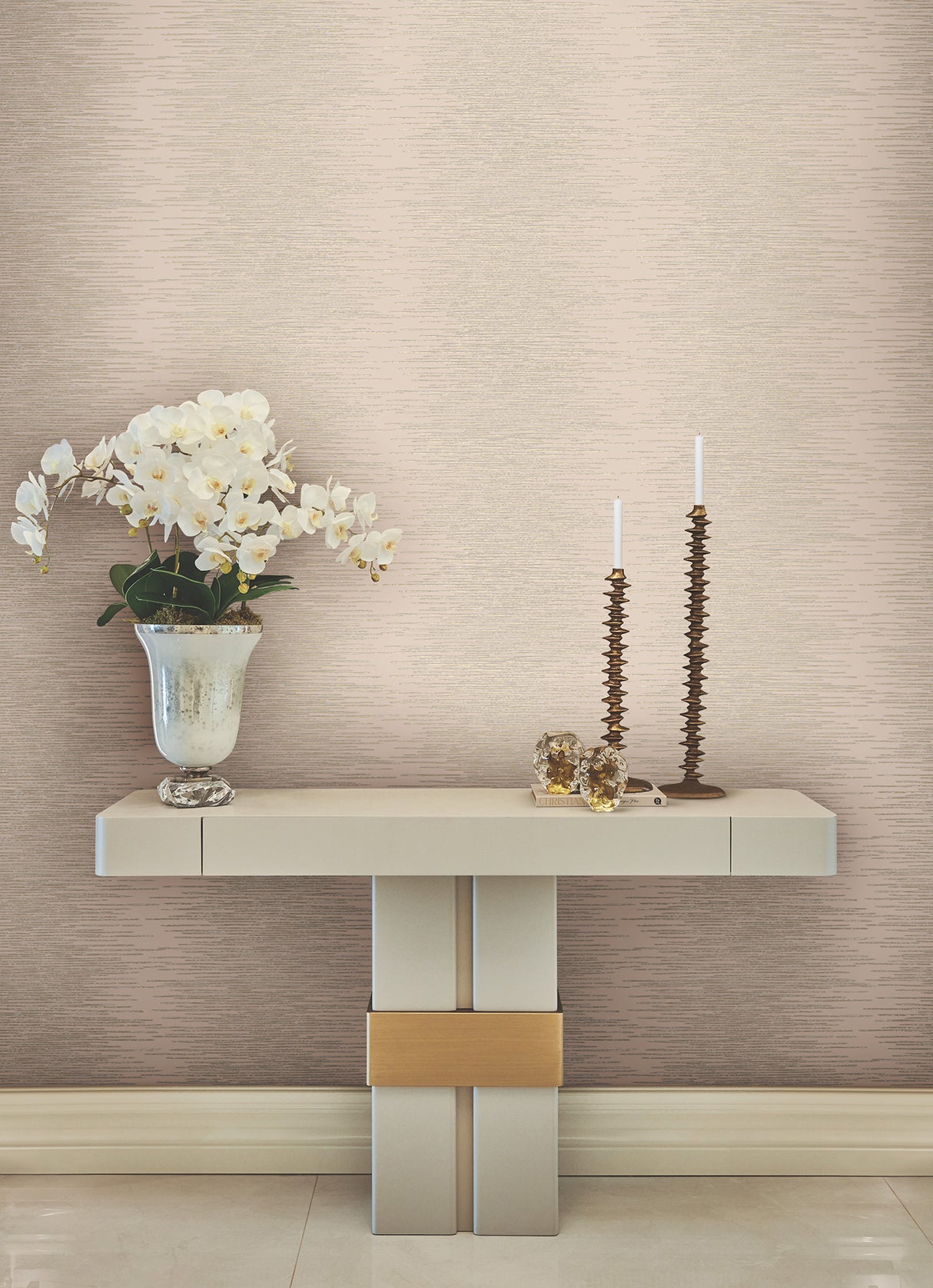 Ronald Redding VR1502 Operetta Blush Metallic Columns Wallpaper