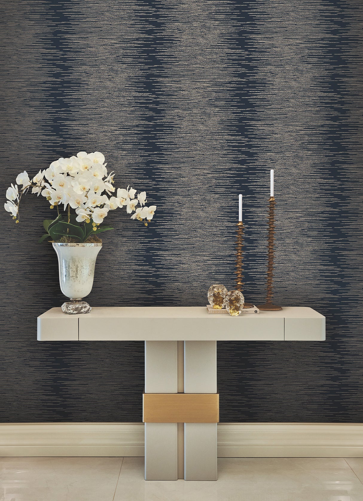 Ronald Redding VR1503 Operetta Navy Metallic Columns Wallpaper