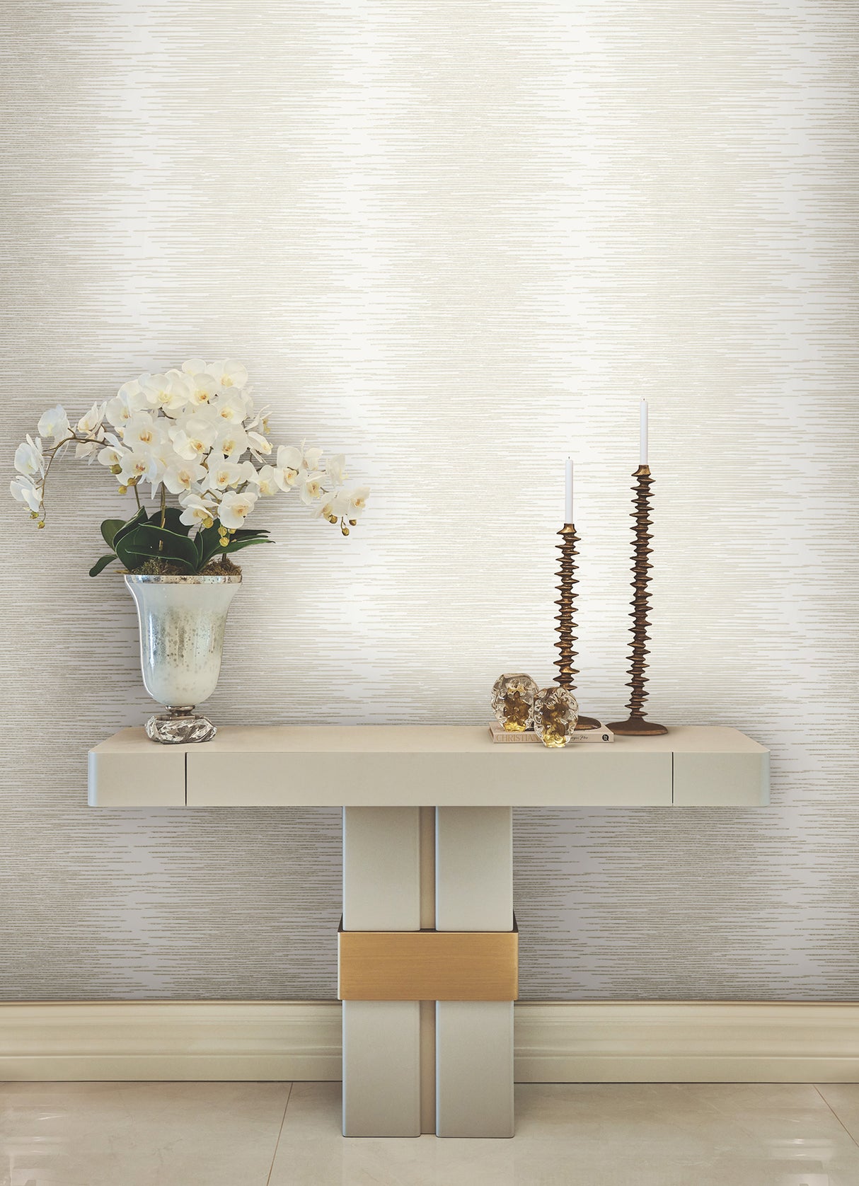 Ronald Redding VR1506 Operetta White Metallic Columns Wallpaper