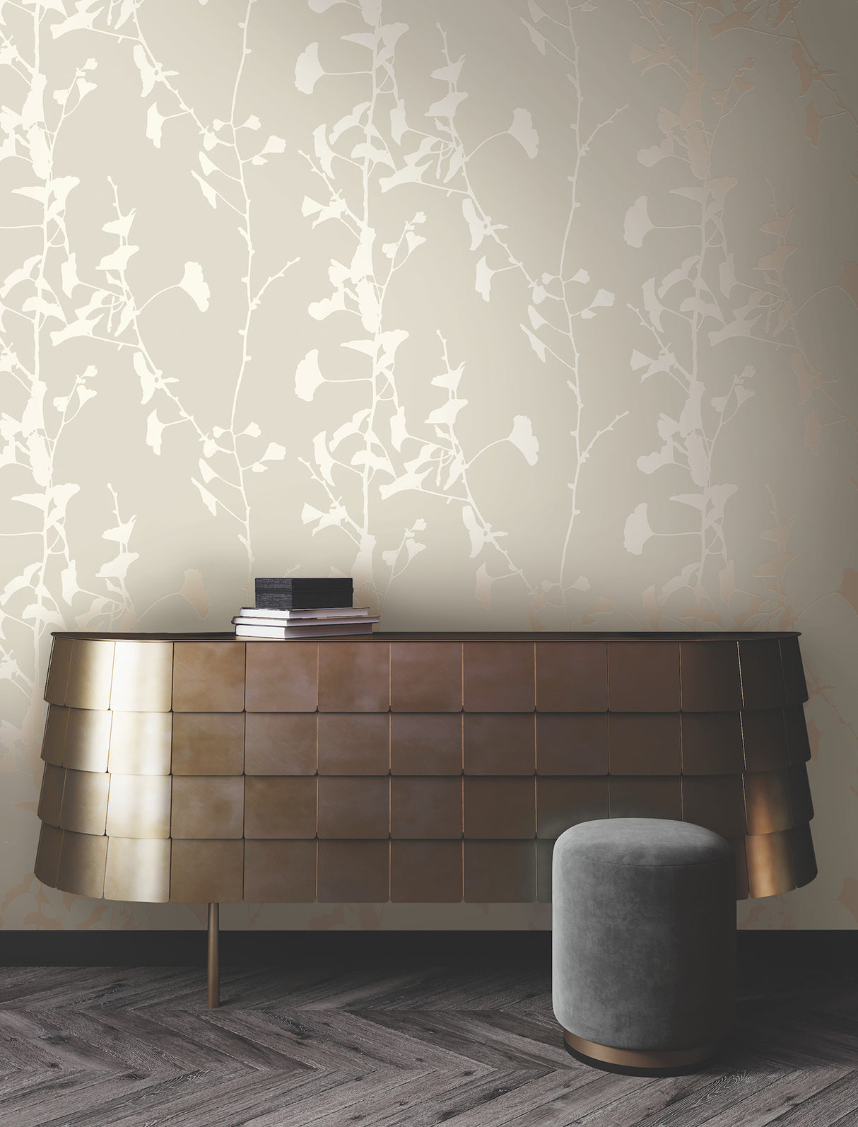 Ronald Redding VR1507 Ginkgo Silhouette Taupe Cork Wallpaper