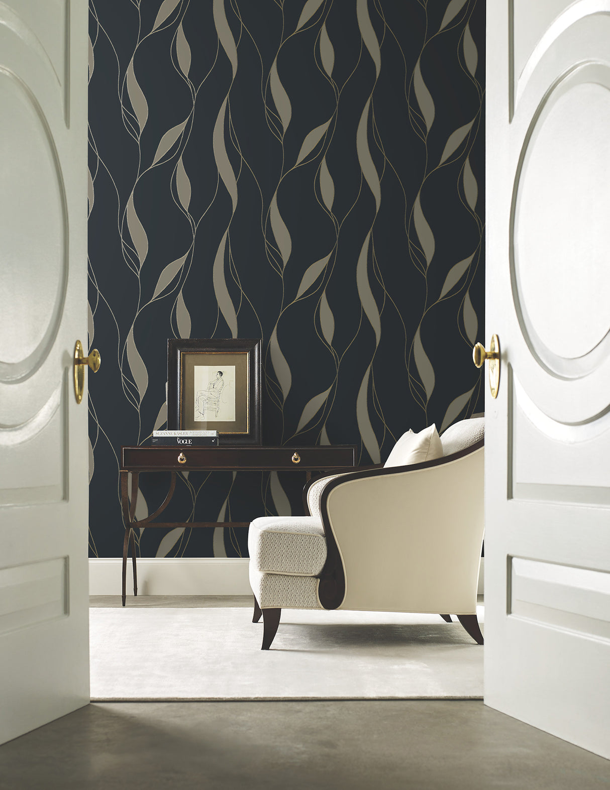 Ronald Redding VR1549 Society Hill Black Abstract Leaf Wallpaper