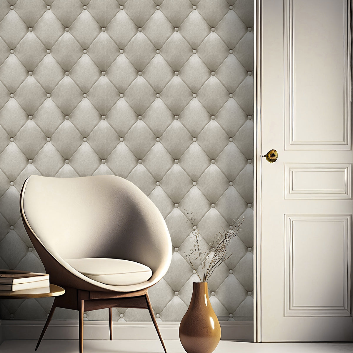 Veer Decor Faux Plush Quilted Diamond Upholstery Beige Wallp