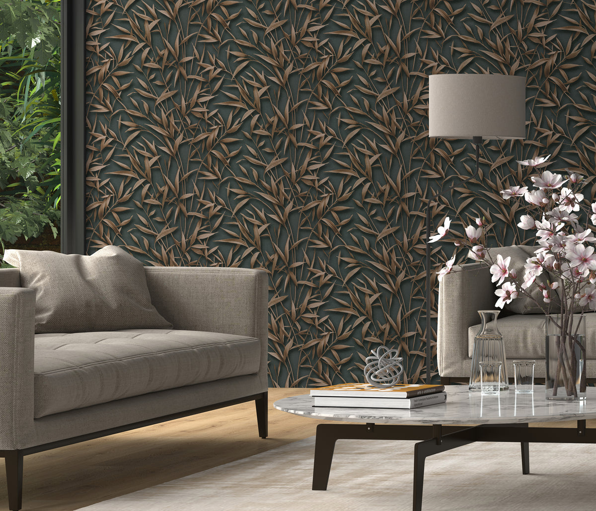 Veer Decor Sylvan Bamboo Fronds Anthracite Wallpaper VRPH747