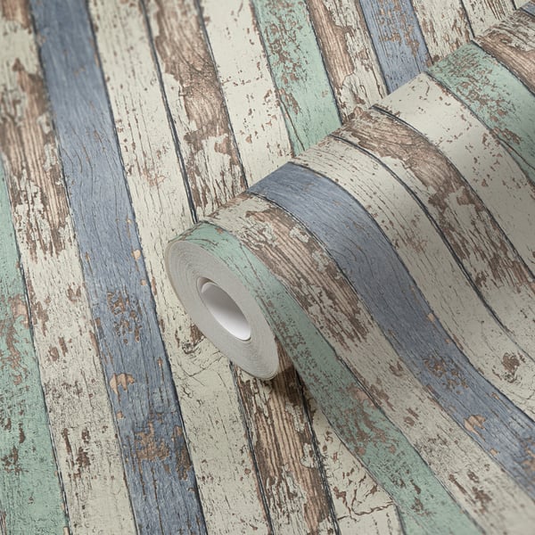 Galerie WW22234 Blue Brown White Narrow Wood Stripe Effect Motif - Eade's Wallpaper
